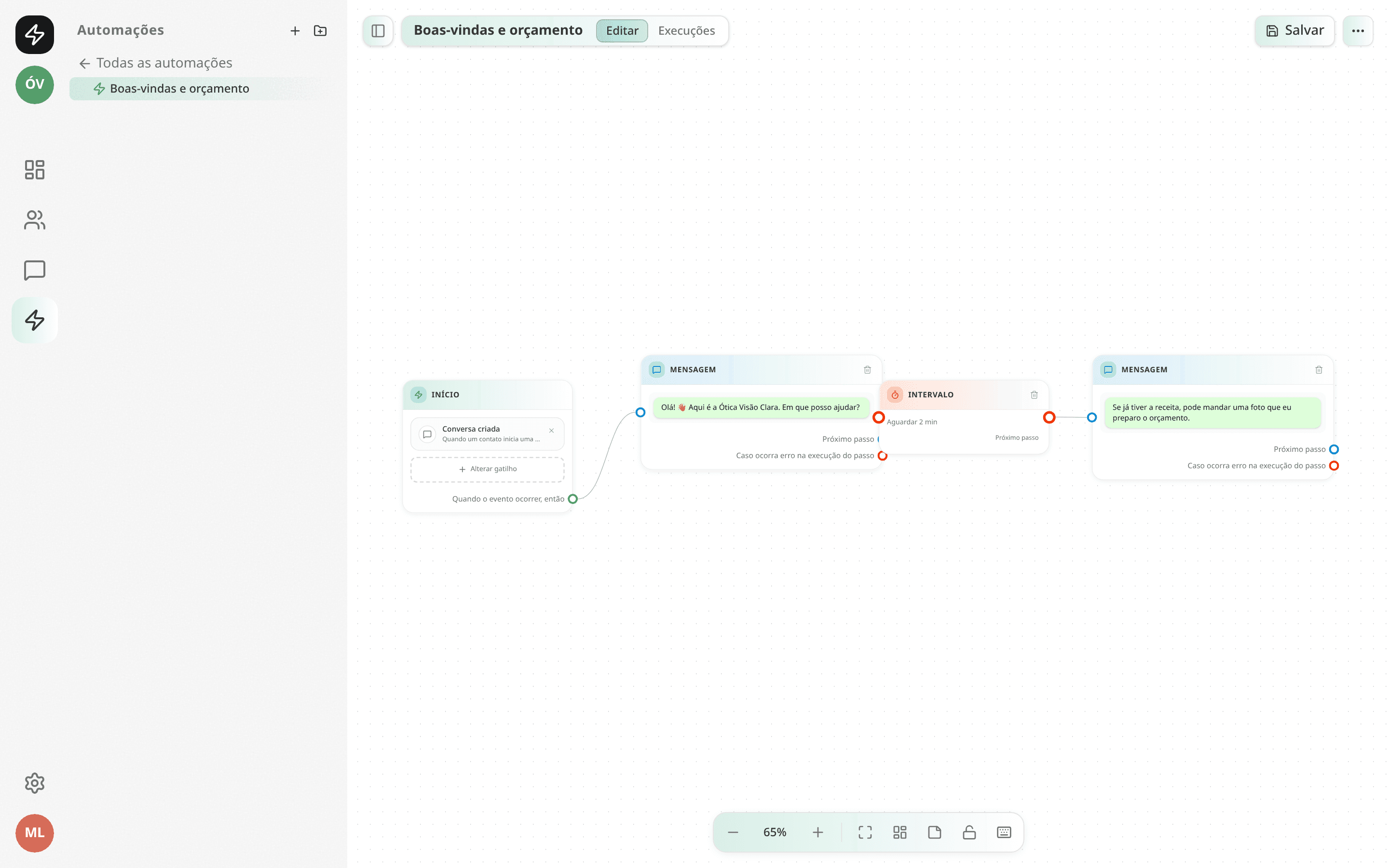 O editor de automações com um fluxo de boas-vindas